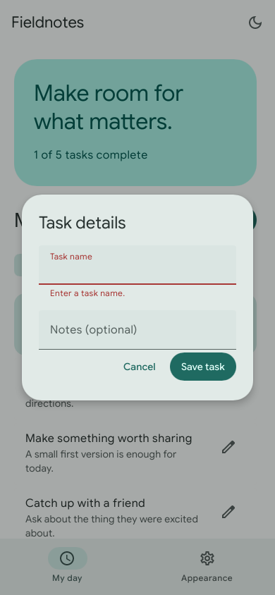 Fieldnotes task editor showing the required task-name field and its validation message.